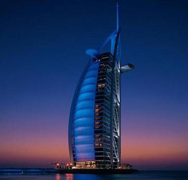 The Burj At Nighttime. The Envelope Jutting Out Top Right Is  A Luxurious Restaurant.